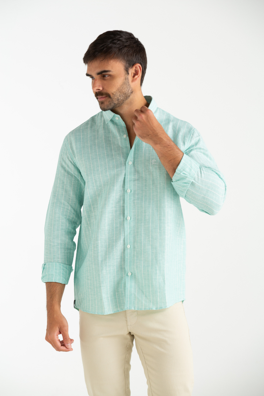 CAMISA MANGA LONGA DE LINHO LISTRADO VERDE