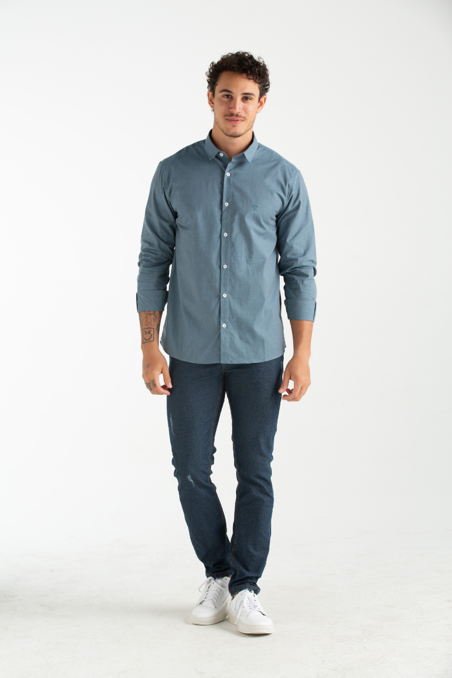 CAMISA DE TECIDO FIL A FIL AZUL PETROLEO