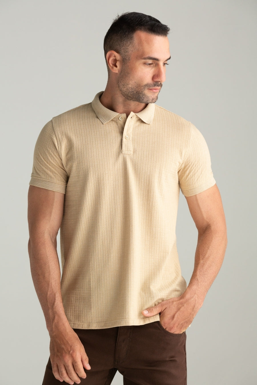 POLO MALHA MADRAS BEGE
